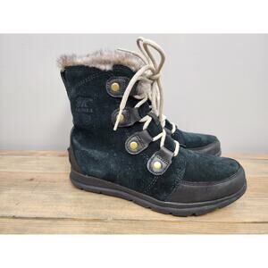 Sorel Explorer Joan Boots Women's 8 Black Suede Waterproof Winter Snow Warm